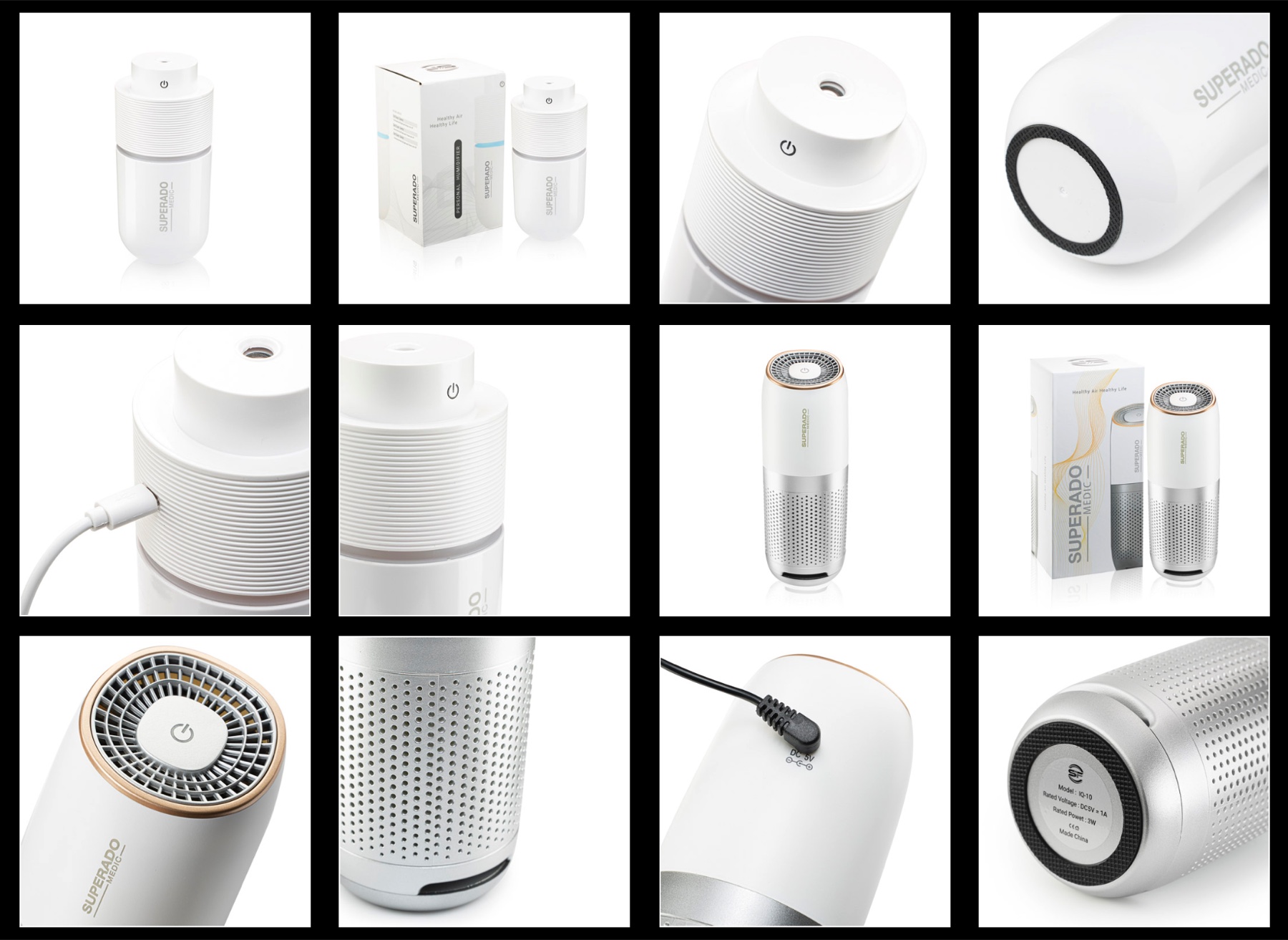Catalog photography showing air purifiers, packaging and functional details