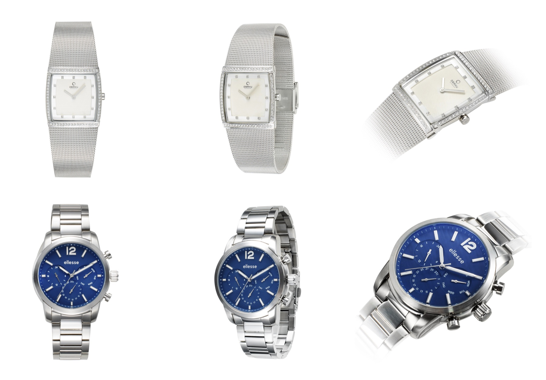 Catalog photography showing reflective watches from multiple angles